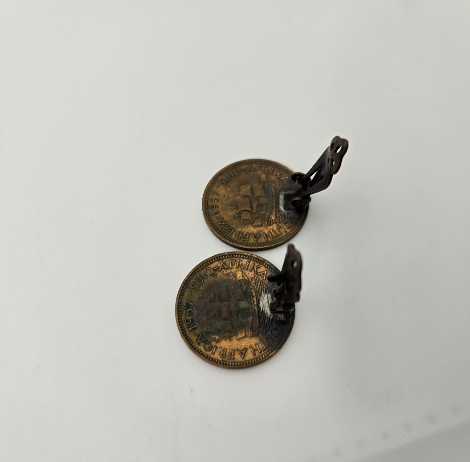 Vintage Penny Coin Clip-On Earrings Elizabeth II South Africa 1957 Patina