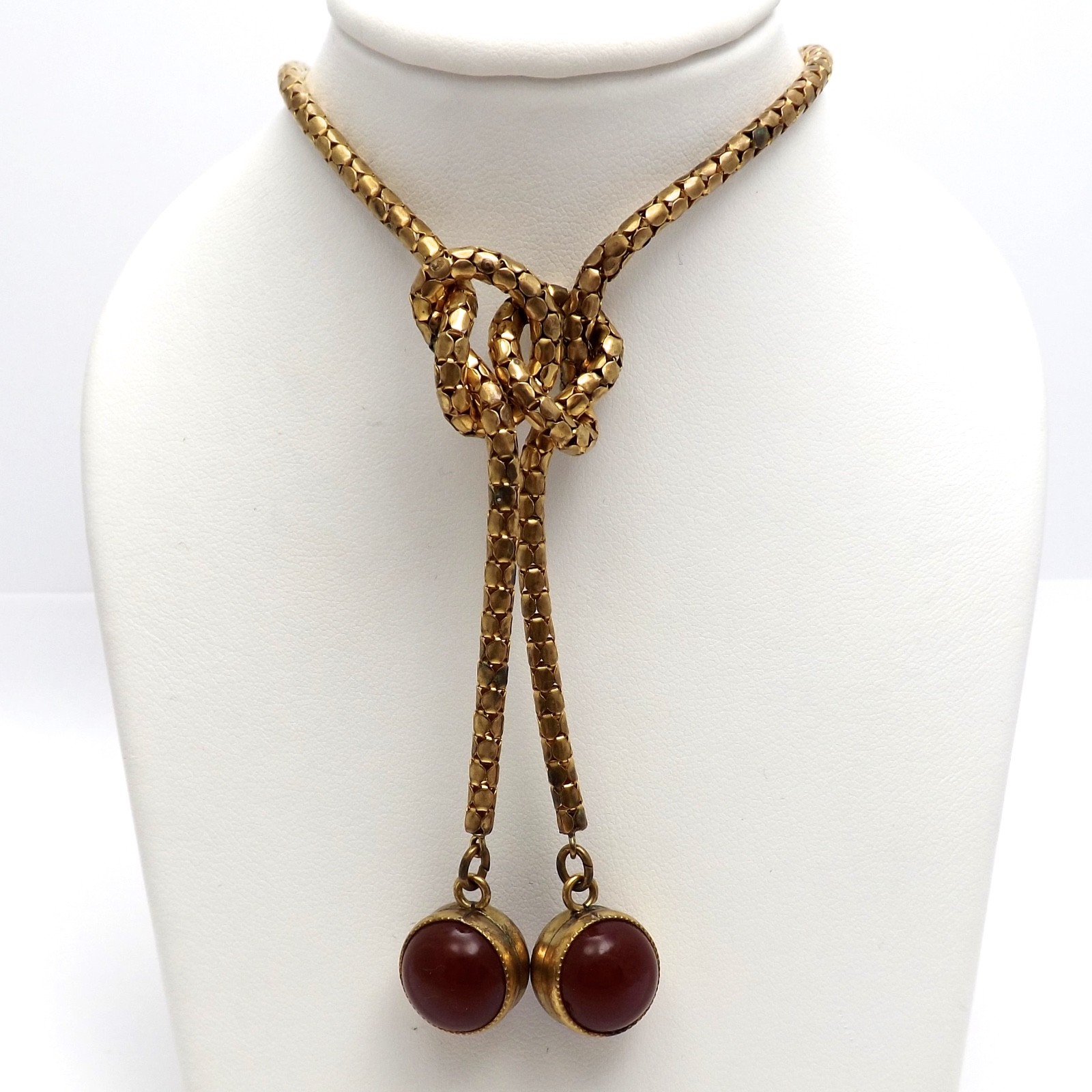 Victorian 10k Gold Filled Confetti Link Knotted Carnelian Lariat Necklace 30in