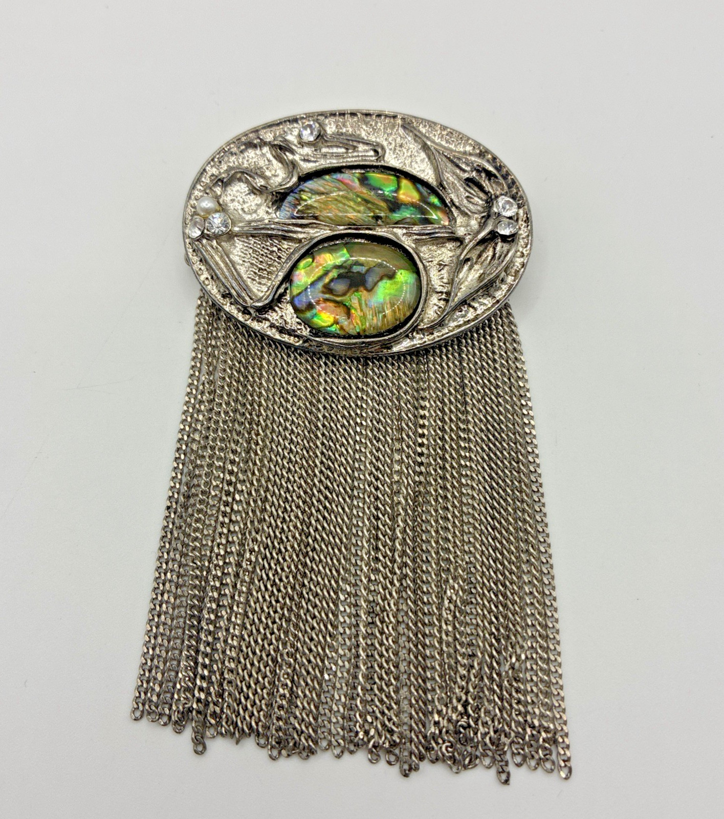 Vintage Brooch Abalone Shell Tassel Rhinestone Silver Tone Dangle Chain Pin