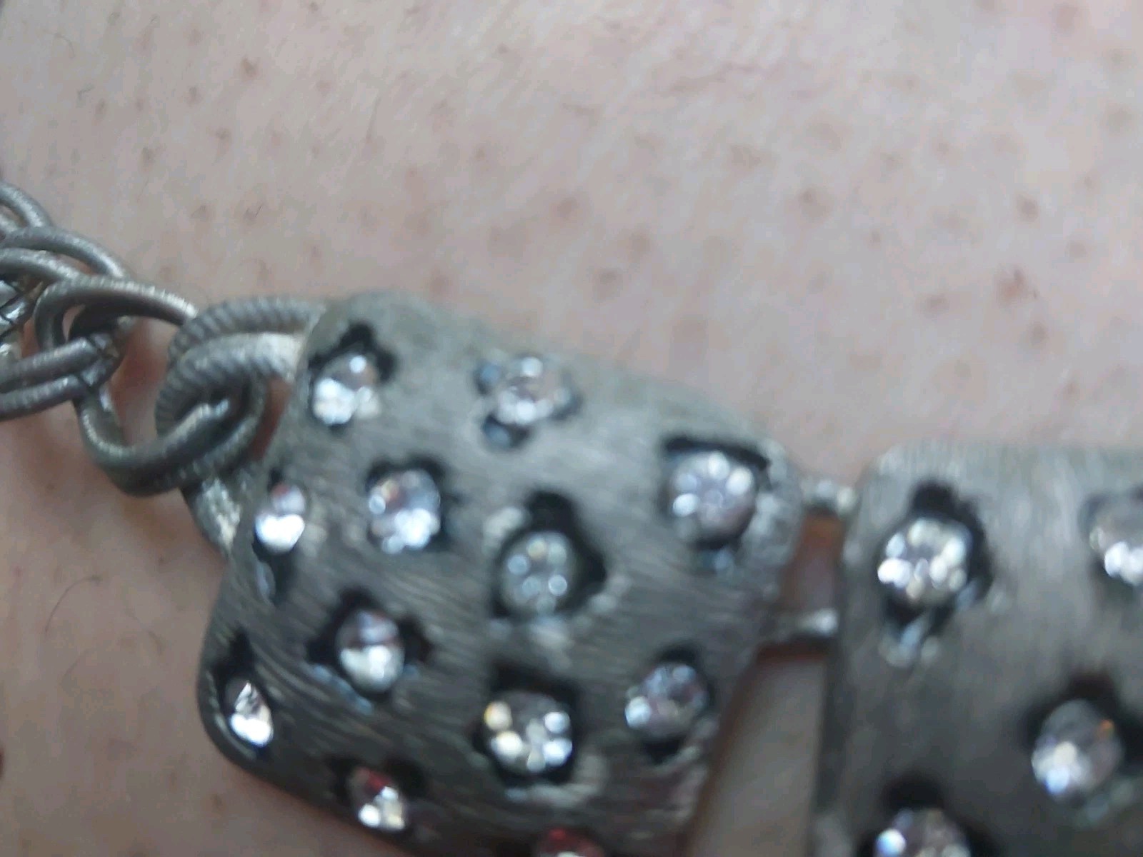 Chunky Silvertone Chain w Ridged Square & Clear Rhinestone Faux Animal Print