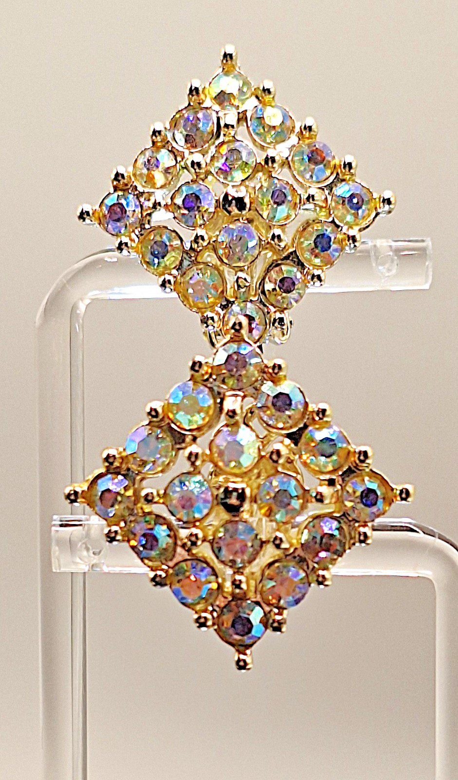 Vintage Art Deco Square Aurora Borealis Crystal Gold-tone Clip Earrings 1950’s