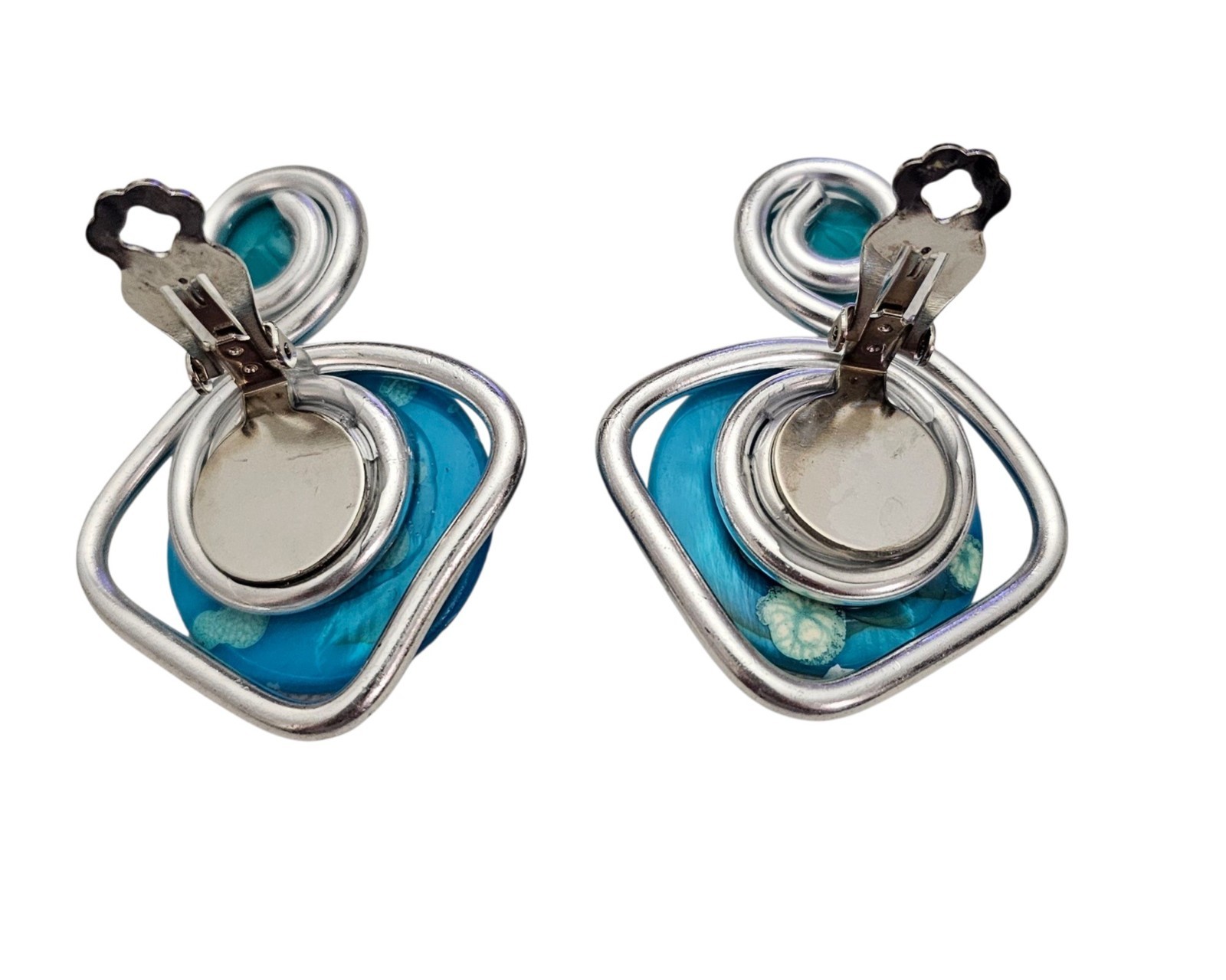 Jeff Lieb Blue Flat Bead Modern Clip On Earrings Rivoli Rhinestone, Signed