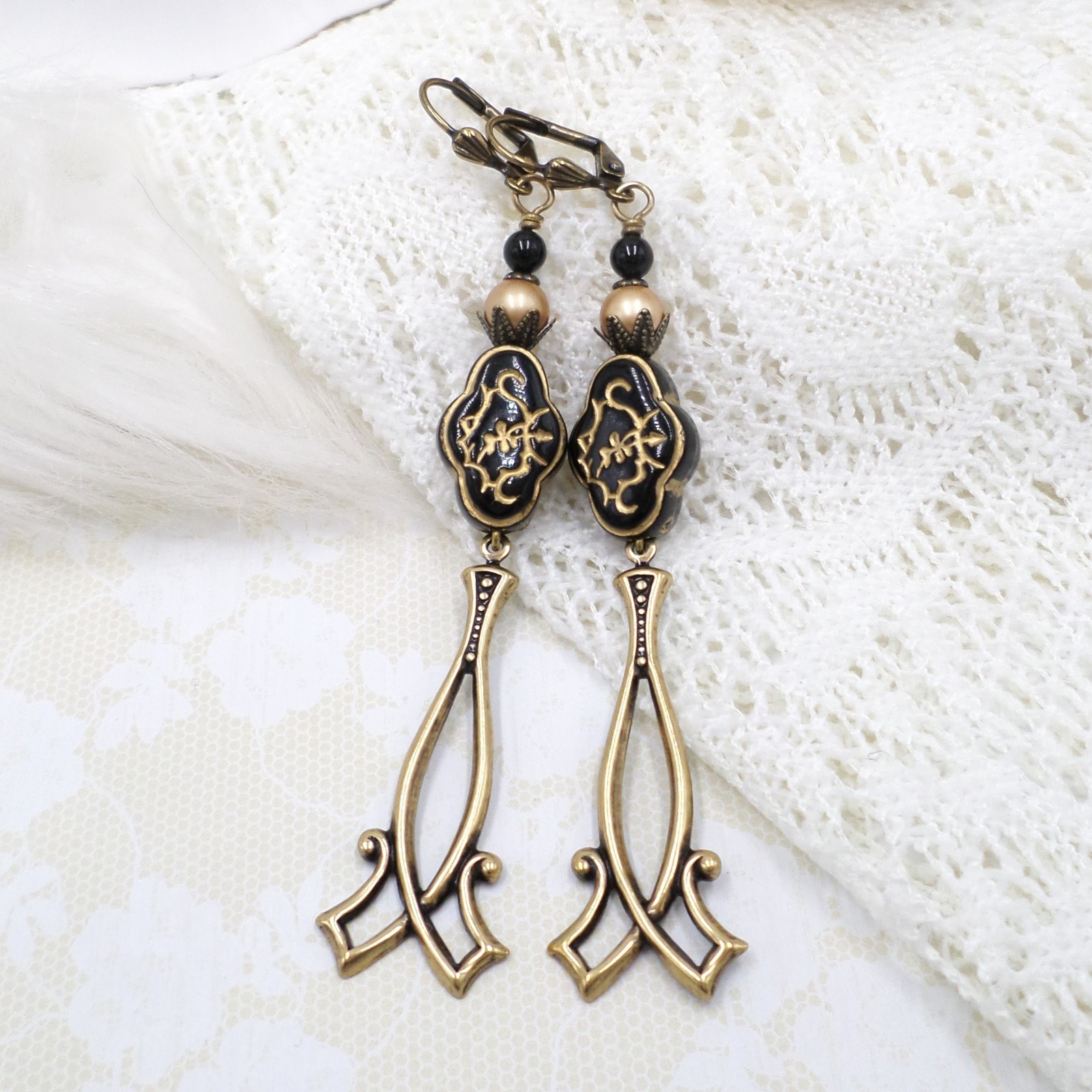 Antique Brass Dangle Earrings Black Gold Floral Acrylic Beaded Victorian Jewelry