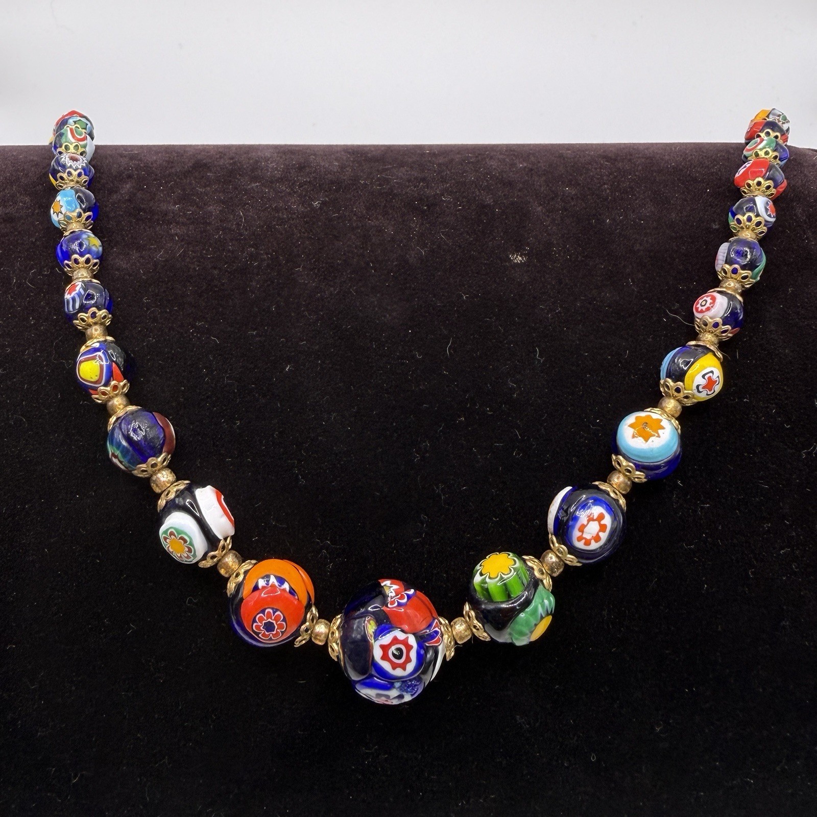 Vtg Italy Venetian Murano Millefiori Knotted Graduated Glass Bead Necklace 25 In