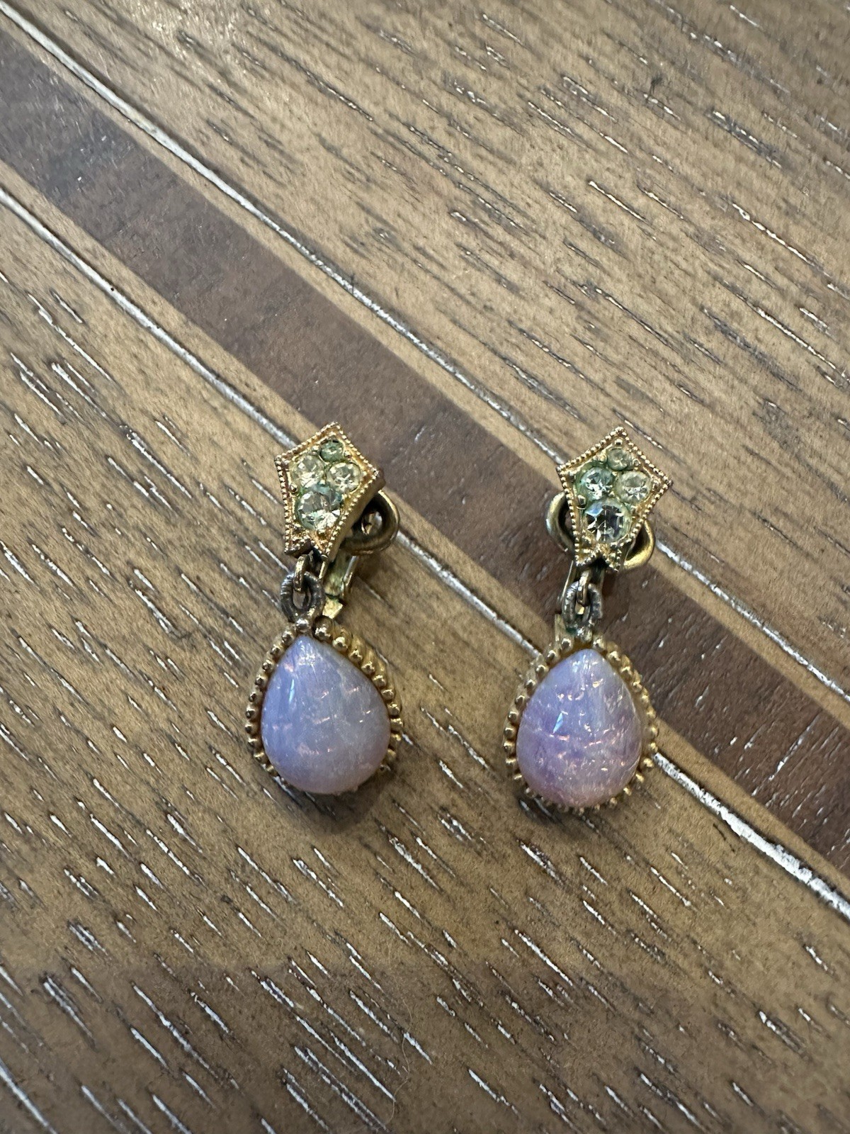 Vintage rare Crown Trifari Pave Rhinestones & Faux Opal Dangle Clip Earrings