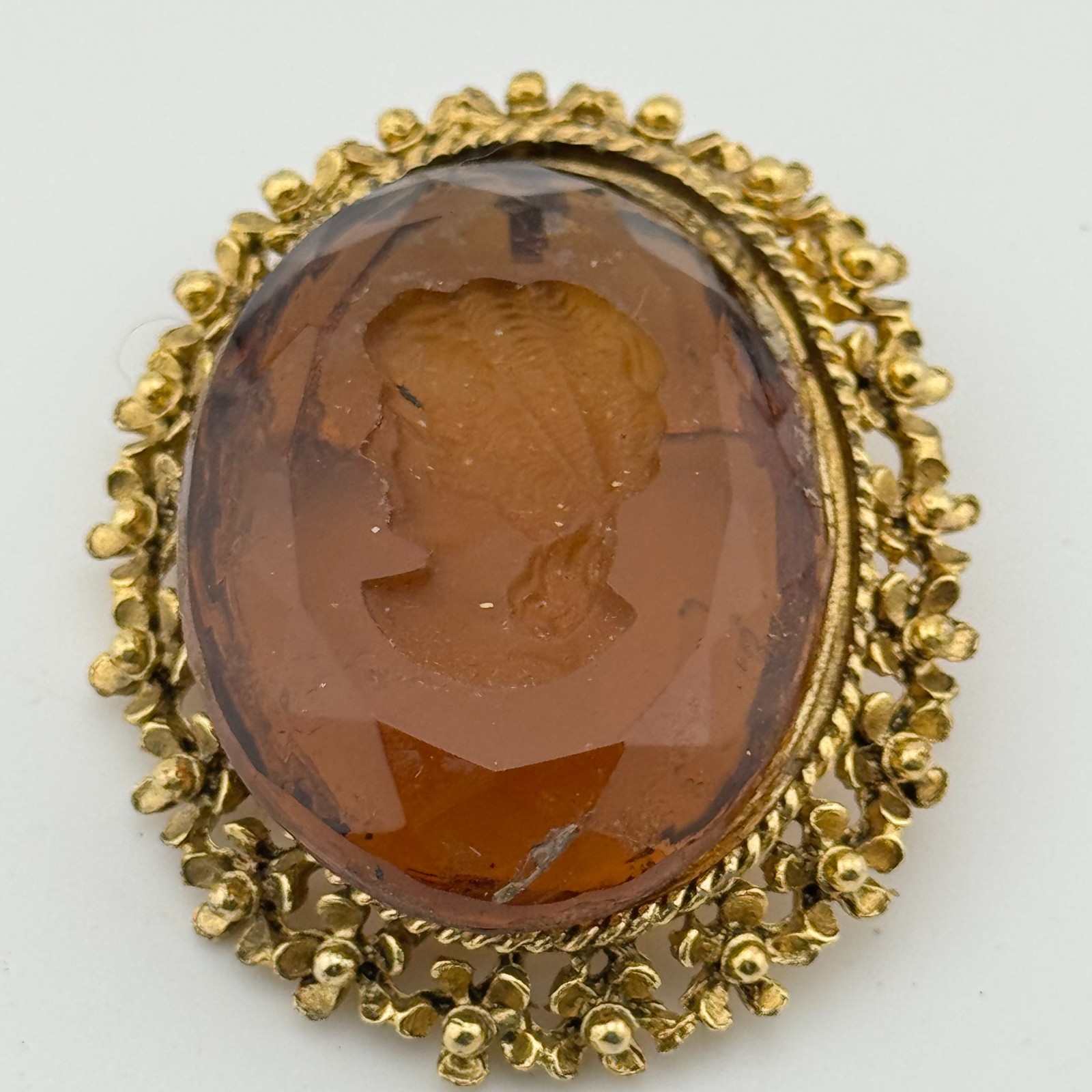 Faux Amber Cameo Brooch Pendant Gold Tone Filigree Victorian Style