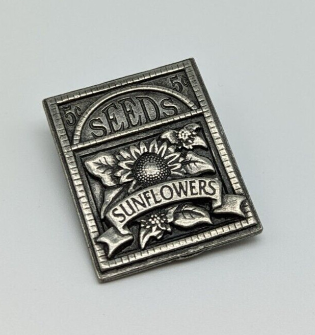 Vintage Birds & Blooms 2003 Silver Tone Pewter Sunflower Seed Packet Brooch