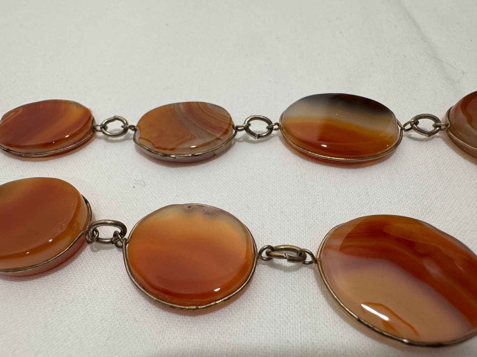 Vtg Polished Tumbled Agate Necklace Orange Brown 26″ Link 1960s 70s Boho Natural