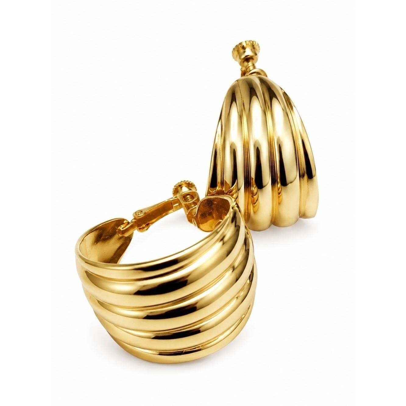 Vintage Napier Gold Tone Ribbed Hoop Clip On Earrings Statement Designer Jewelry