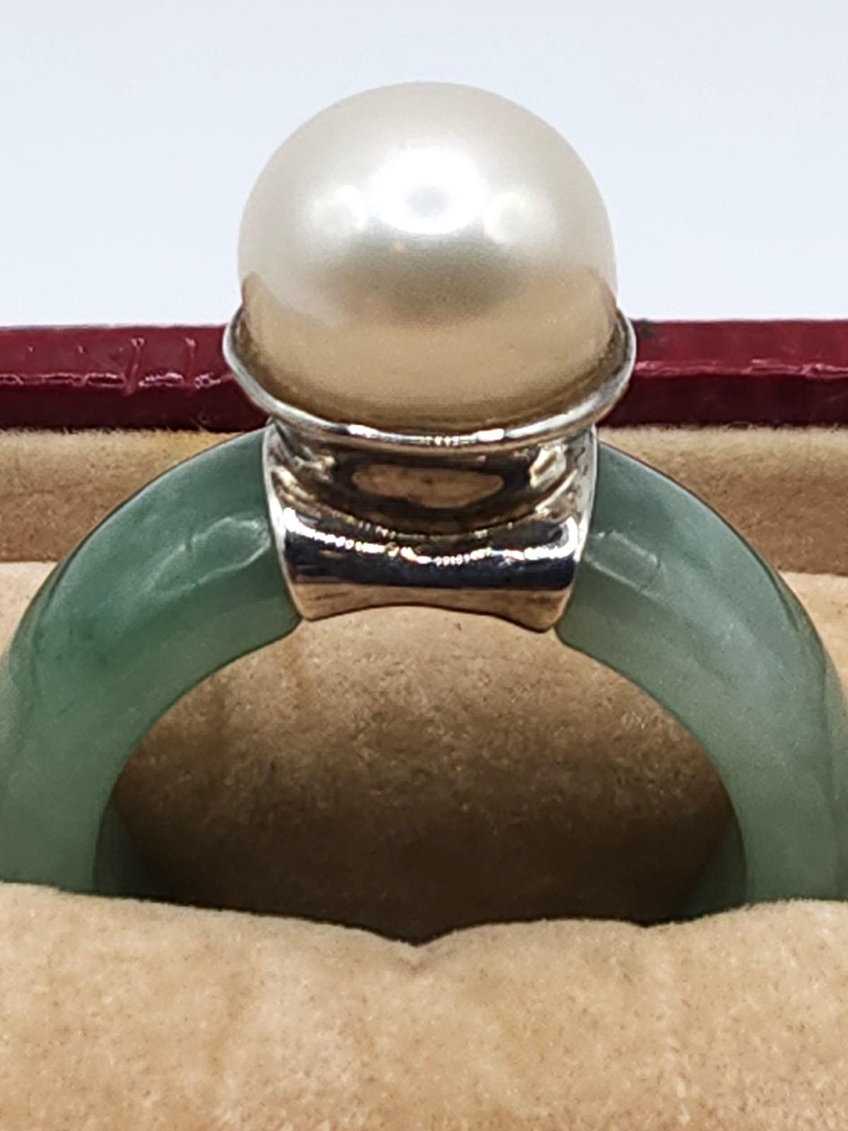 Vintage 925 China Green Jade Jadeite 6.5 Mm Pearl Ring Statement Piece Runway