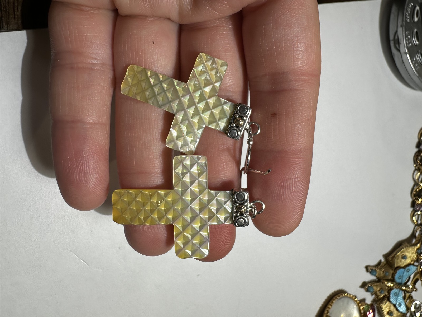 NEW Robert Manse 18k Gold Sterling Silver carved MOP Shell Cross Dangle Earrings