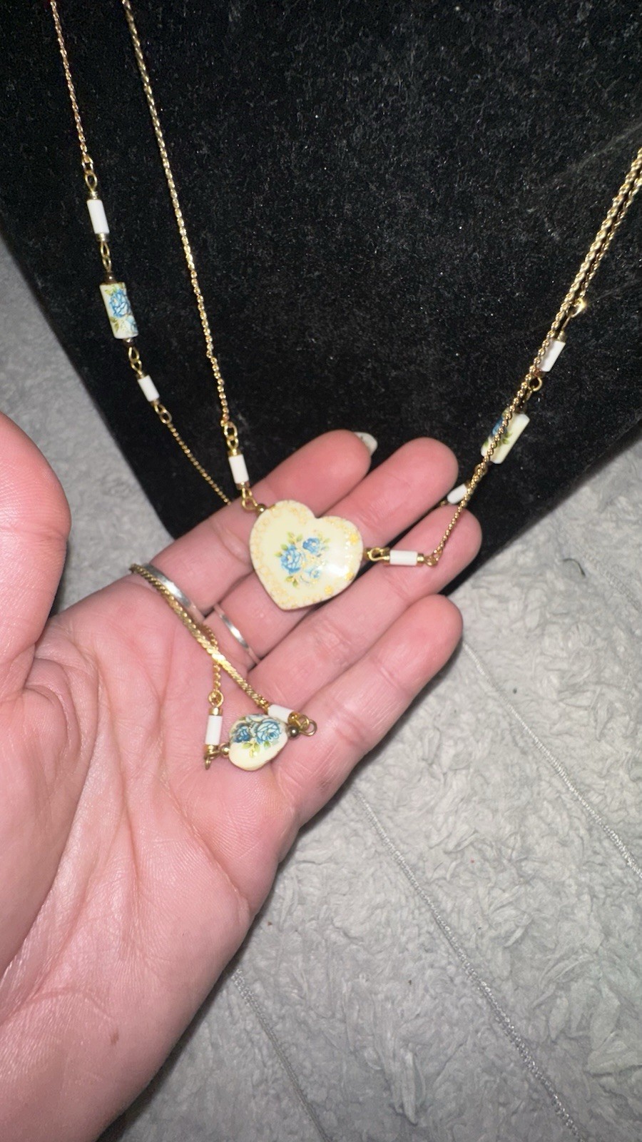 Vintage Japanese Tensha Blue Rose Porcelain Heart Necklace With Match Bracelet