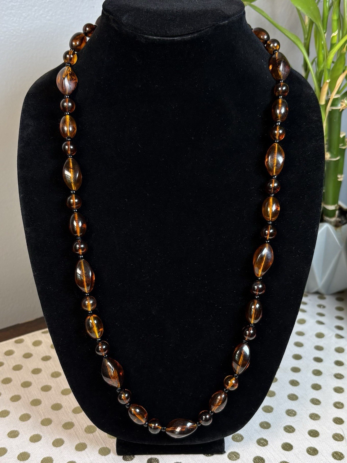 Vintage Amber Lucite Bead Necklace 30”