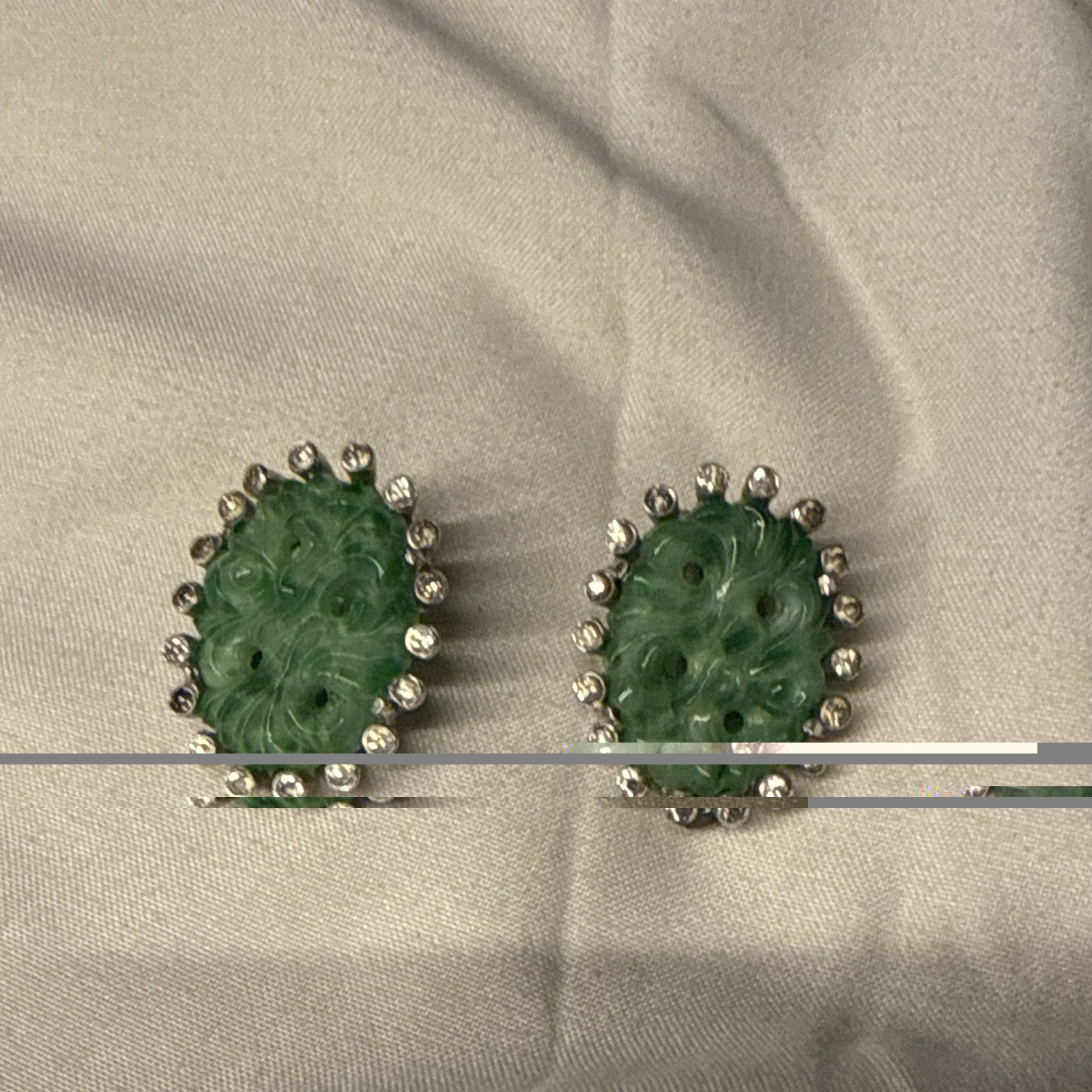 Vintage Jomaz Faux Jade Rhinestone Oval Clip-On Earrings