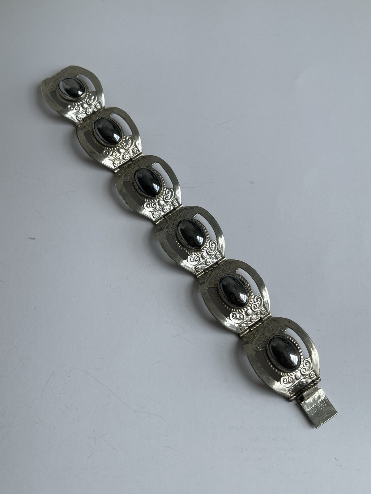 Vintage Taxco Mexico Sterling Silver Black Onyx Panel Bracelet