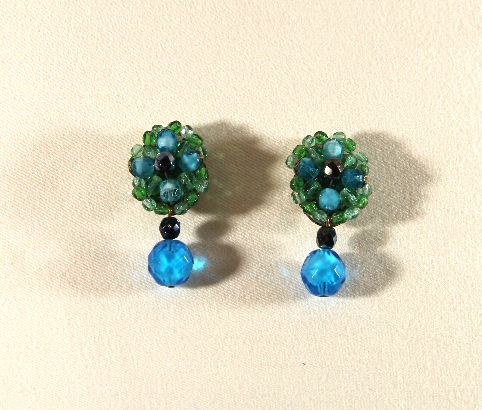 Vintage W Germany Dangle Cluster Clip Earrings Blue & Green Glass Faceted Beads