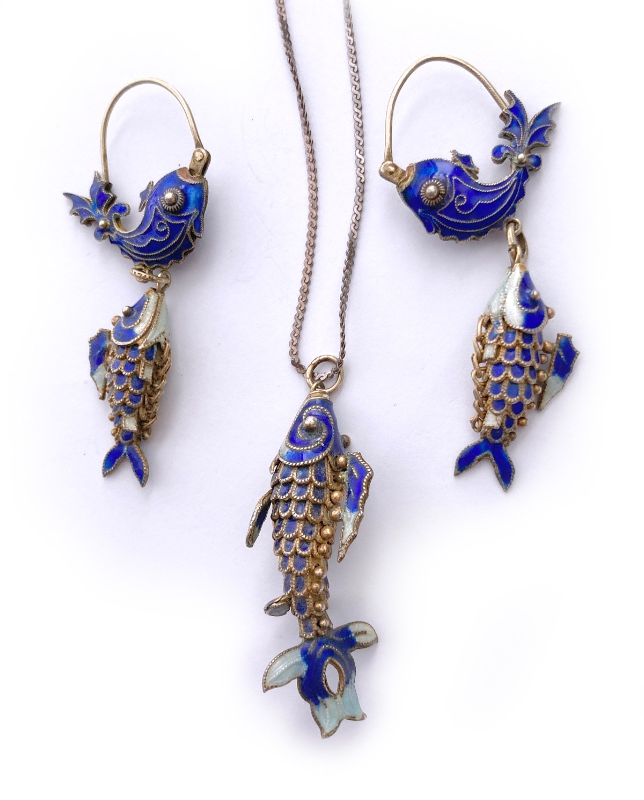 Blue Cloisonne & Vermeil Koi Fish Charm Bracelet and Hoop Earrings: China Export