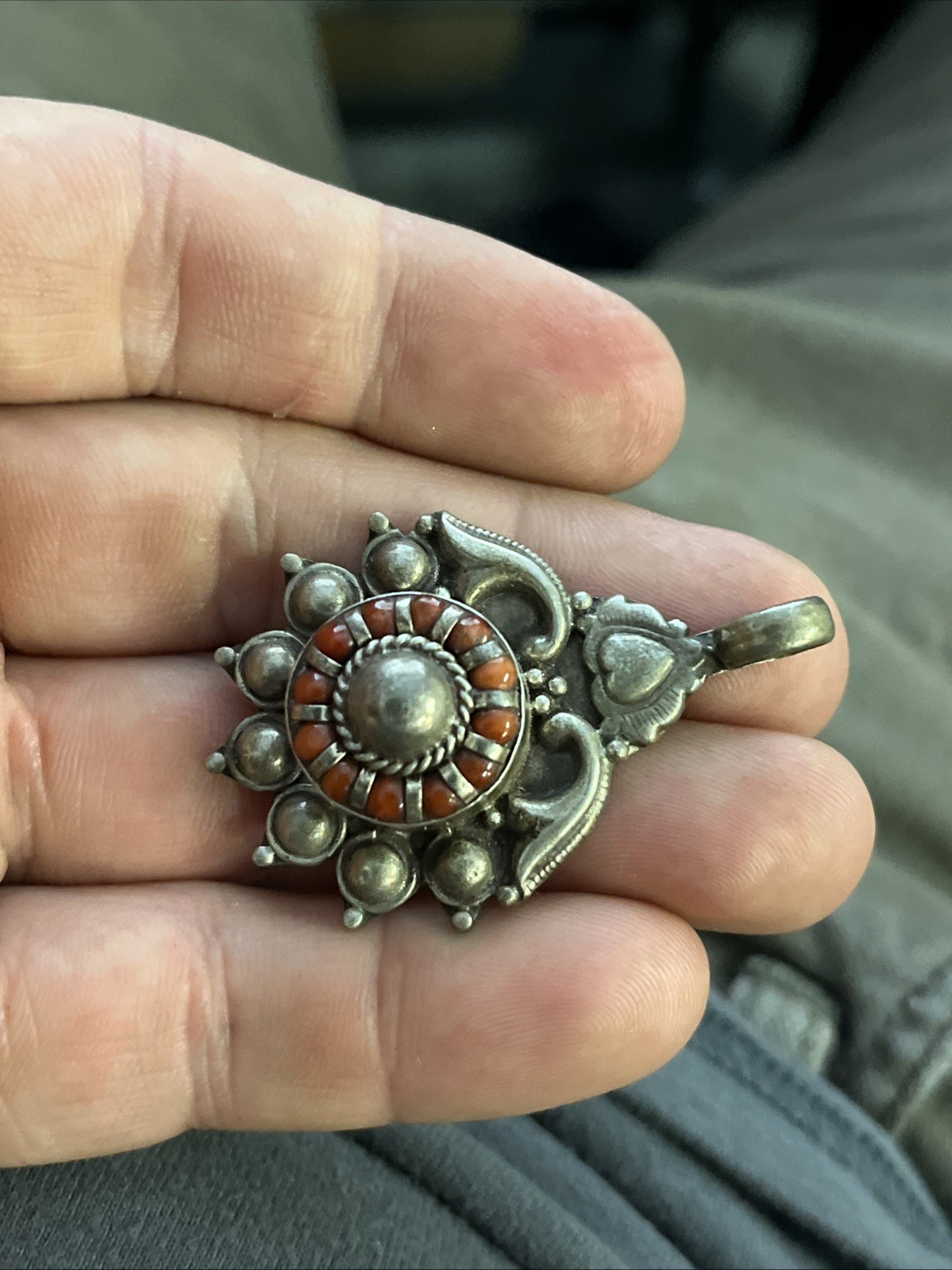 Antique Sterling 925 Silver Pendant Red Coral 2” 15.1g Native American Navajo