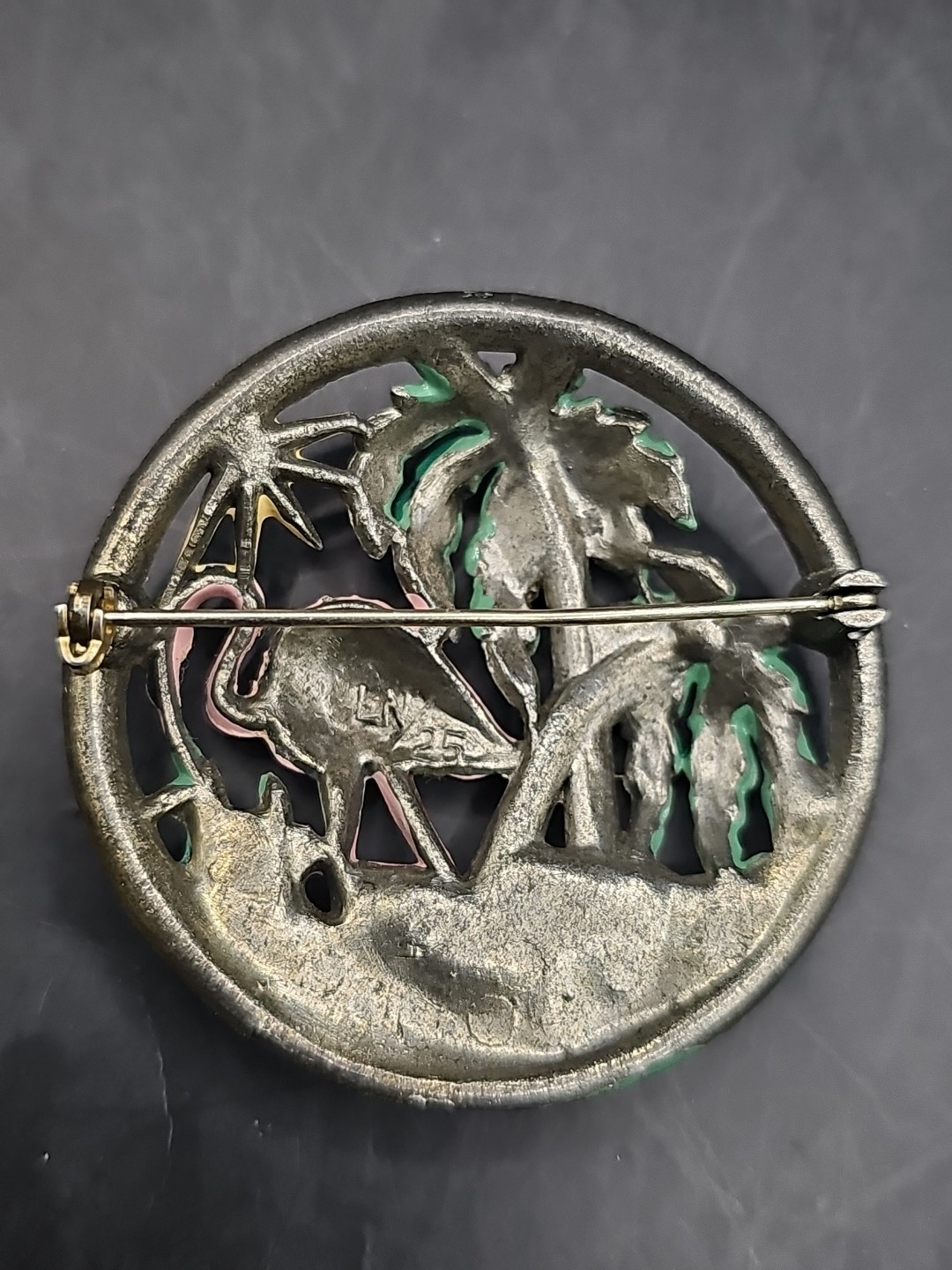 Vtg Signed Little Nemo Open Work Enameled Flamingo Tropicsl Palm Tree Brooch Pin