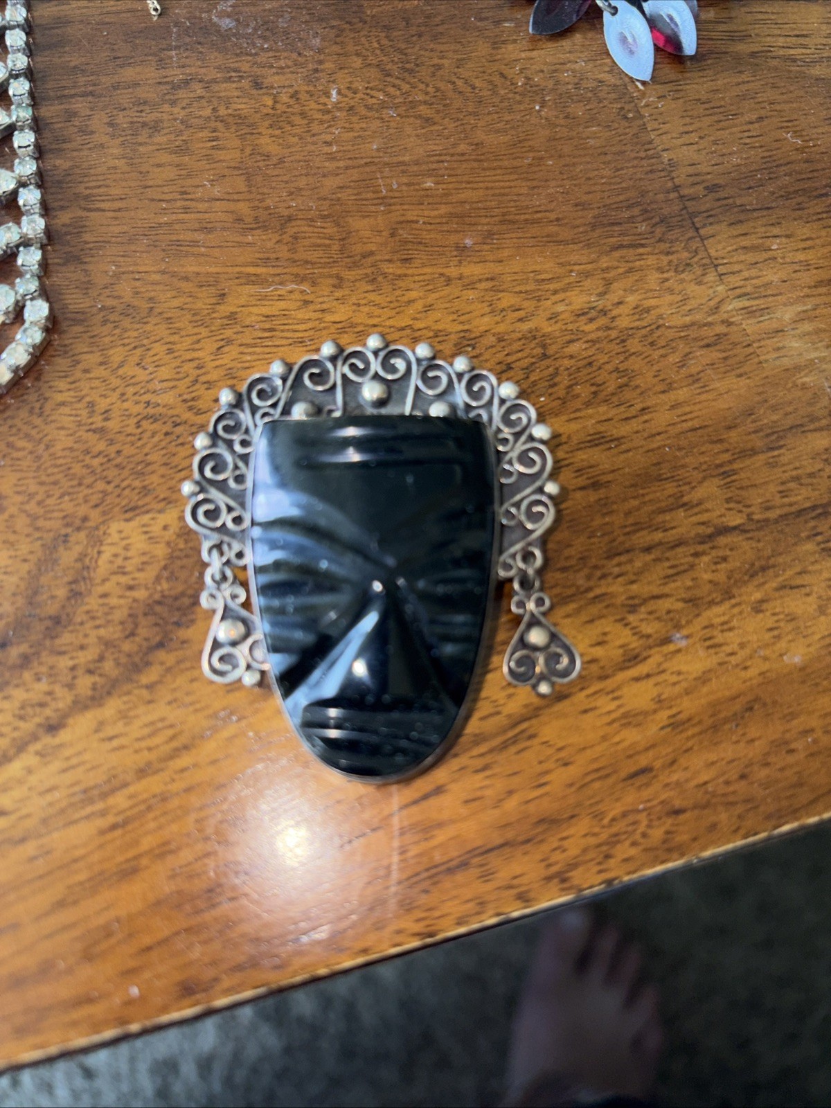 Vintage Mexican Sterling Silver Obsidian Mask Brooch Aztec Style