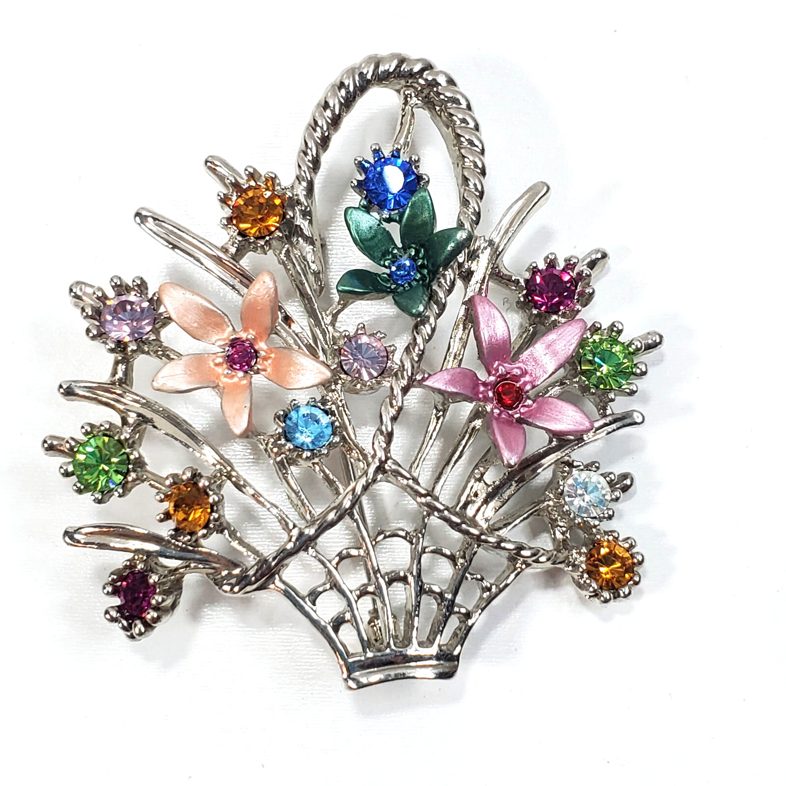 Vtg Silver Tone Multi-Color Enamel & Rhinestones Spring Flower Basket Brooch Pin