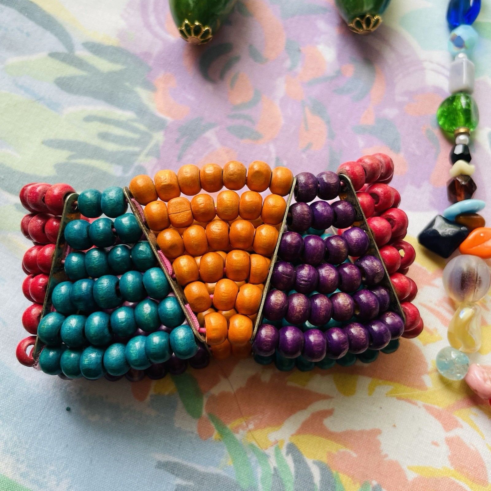 Vintage Lot Glass Art Bead Necklace Wooden Multicolor Bracelet Green Earrings