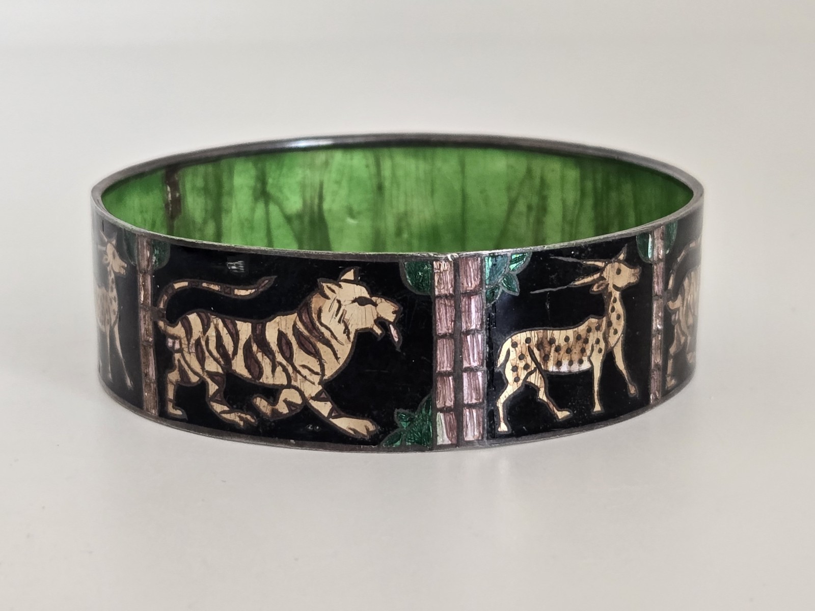 Vintage India? Highly Detailed Silver & Enameled Animal Bangle Bracelet **READ