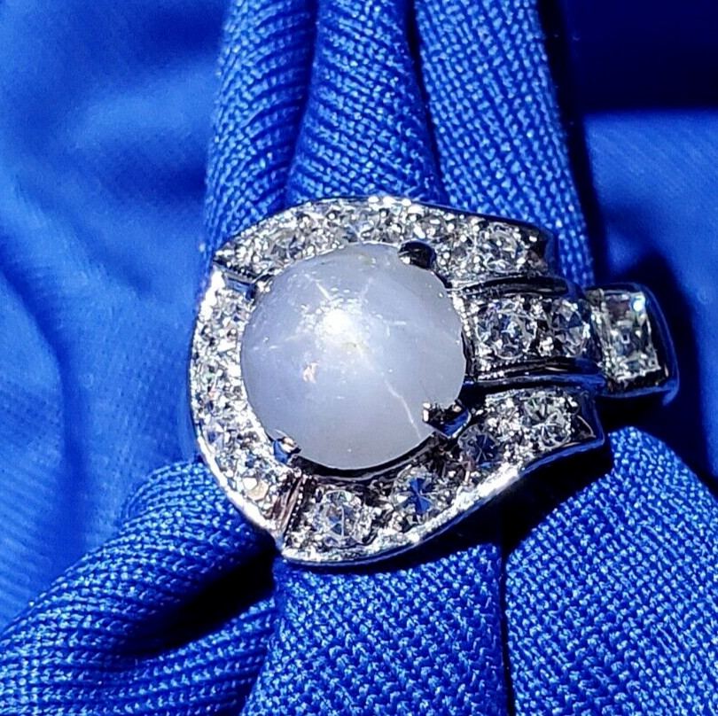 EARTH MINED STAR SAPPHIRE DIAMOND ART Deco Engagement Ring SOLID 14K WHITE GOLD