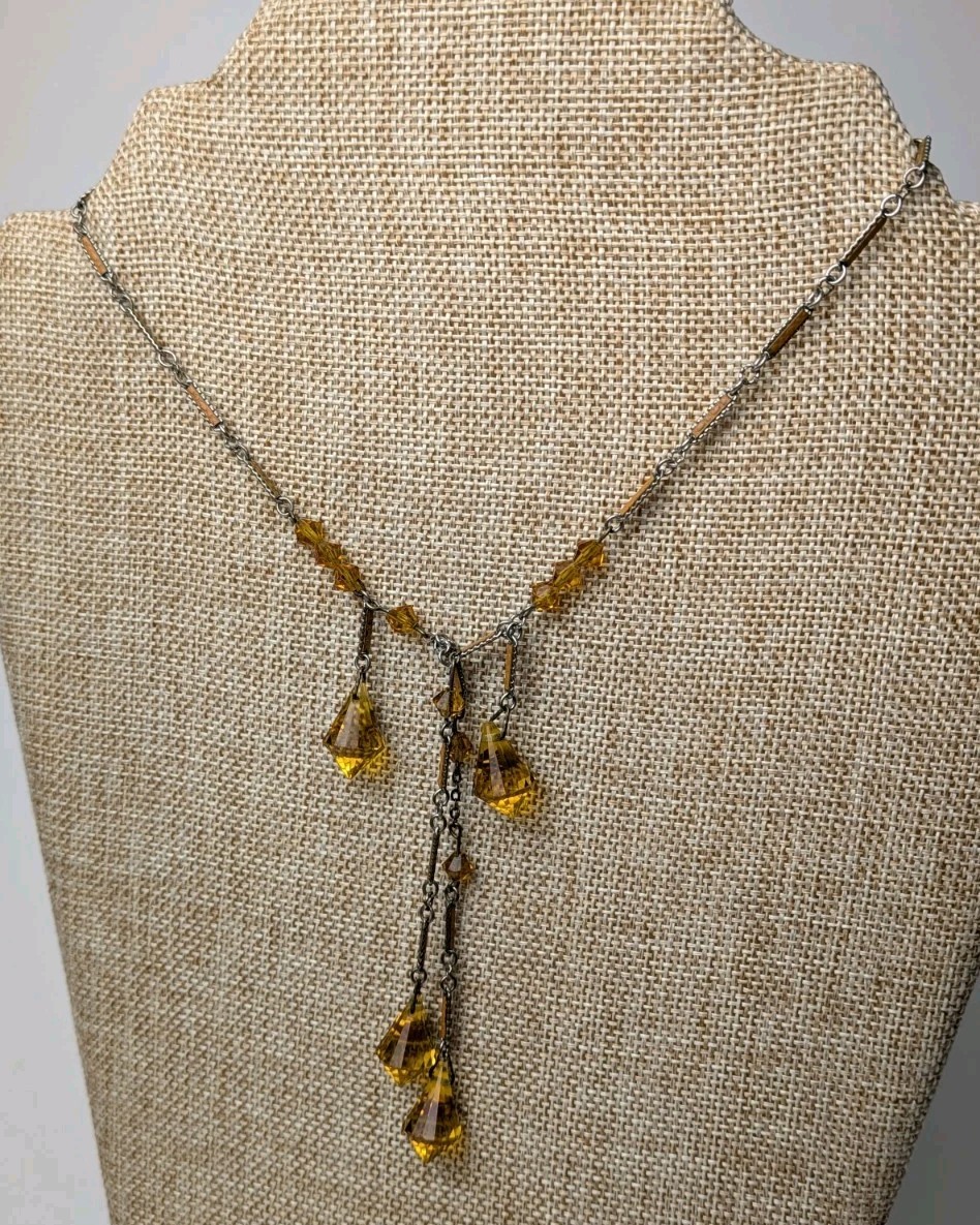 Vintage Deco Czech Glass Lariat Necklace Orange Enamel Gorgeous!