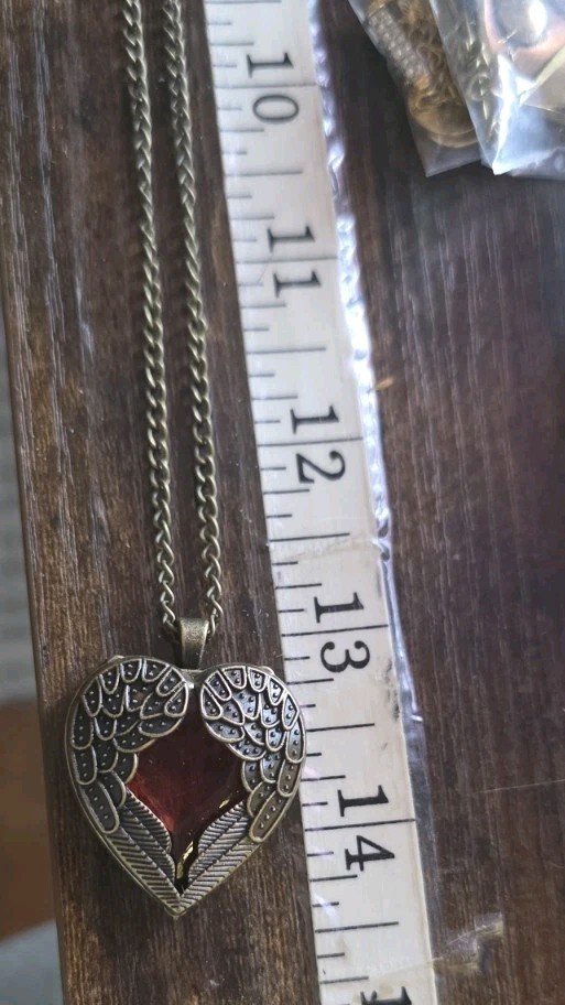 Antique Brass Metal Red Heart Winged Pendant Necklace, No Closure, 26″