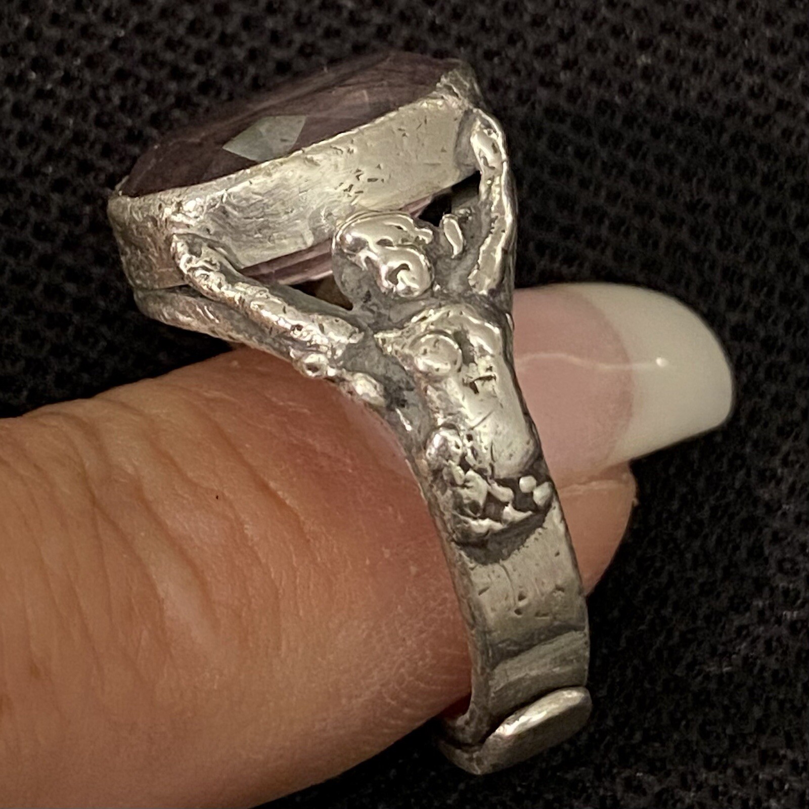 ARTISAN MADE ESTATE STERLING SILVER AMETHYST GODDESS DESIGN RING SZ 8 ADJUSTABLE