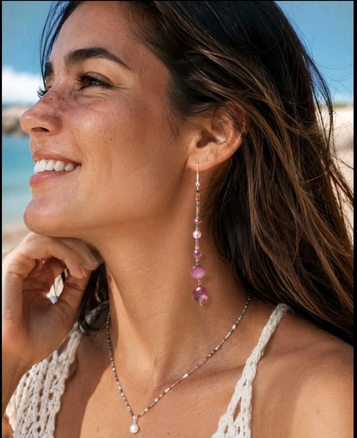 Pink Shell Beaded Dangle Earrings Boho Coastal Beach Mermaidcore Statement