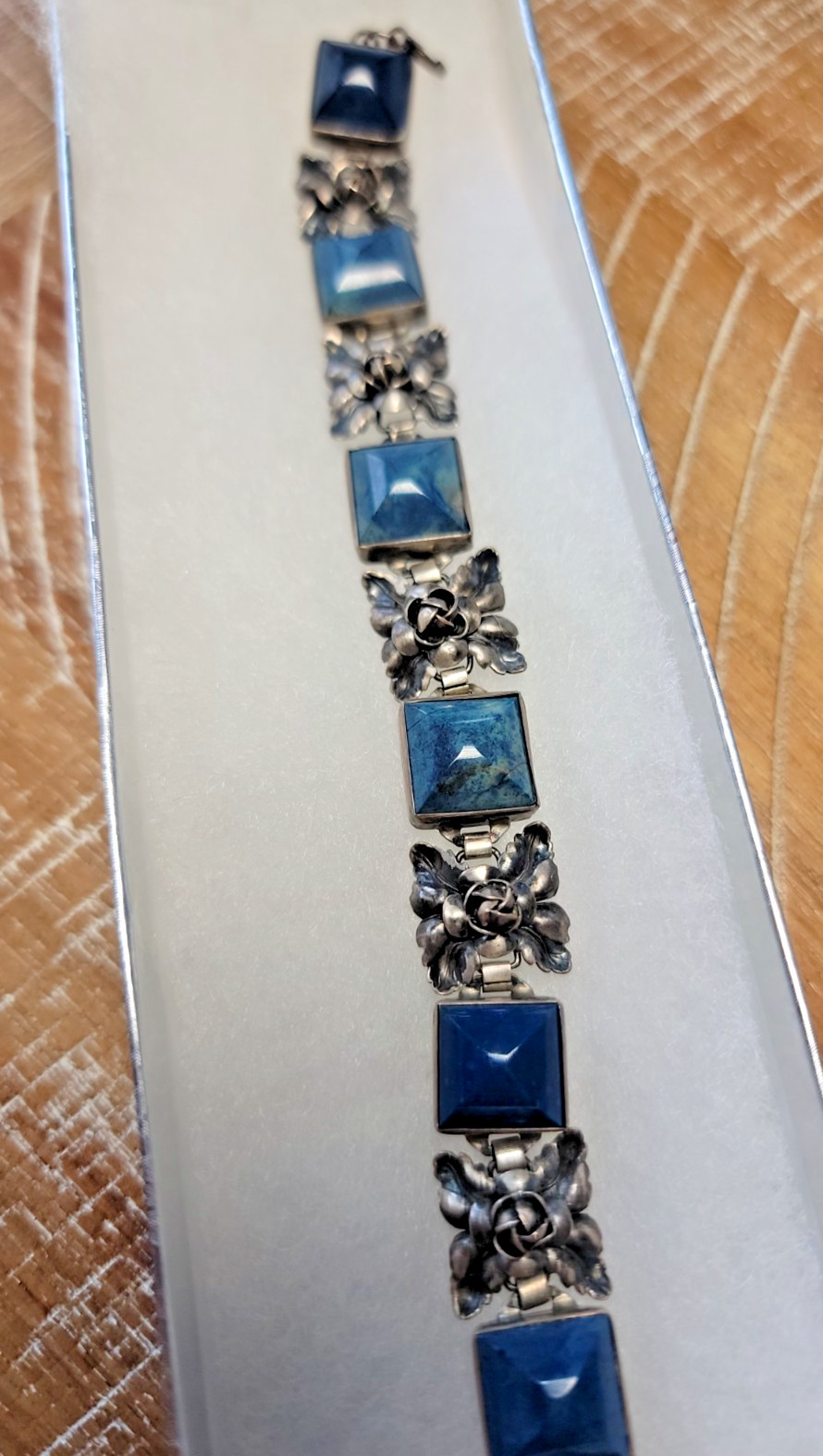 Antique Silver Cabbage Rose and Blue Link Bracelet
