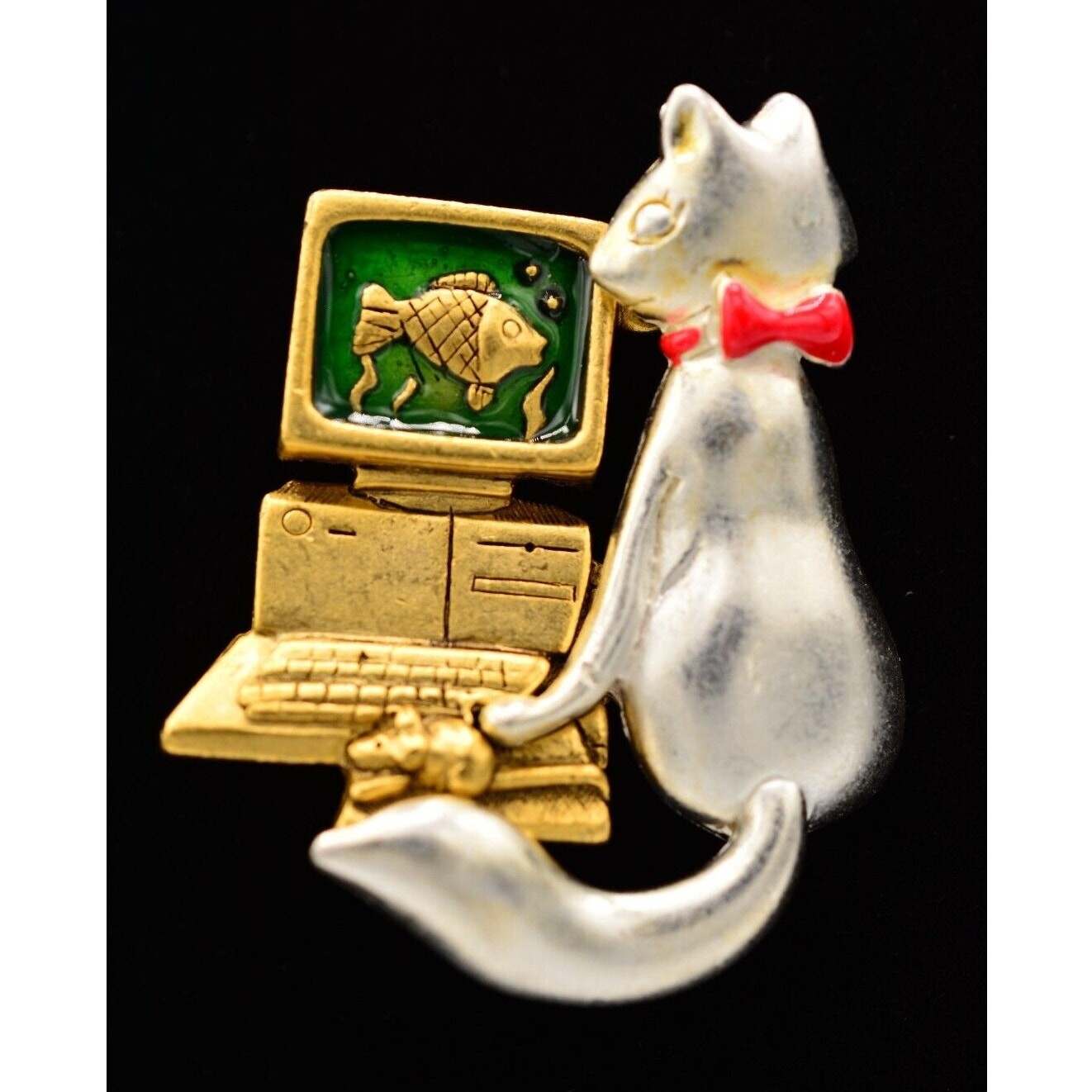 Danecraft Vintage Cat Fish Pin Brooch Computer Screen Saver Funny NOS 80s BinA7