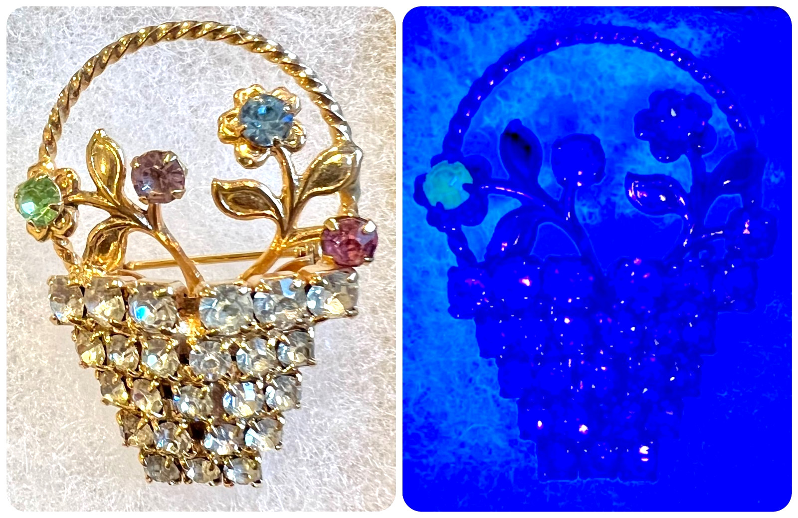 Vintage 60s Flower Basket Rhinestones Gold Tone Colorful Brooch Pin Uranium Glow