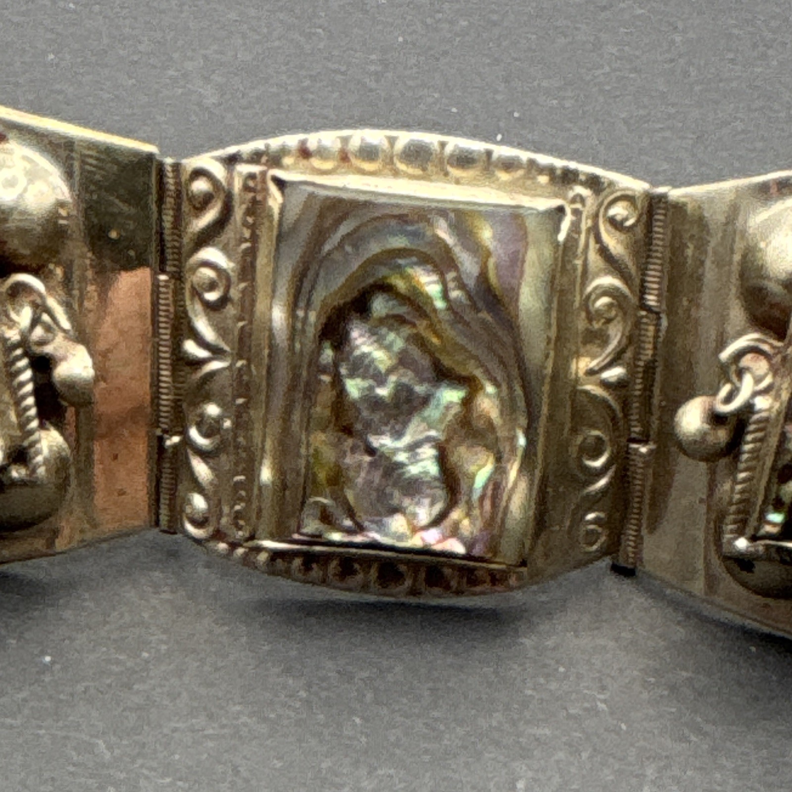 Mexico 925 Sterling Silver Abalone Inlay Panel Link Bracelet w/”Eagle & 3″ Stamp