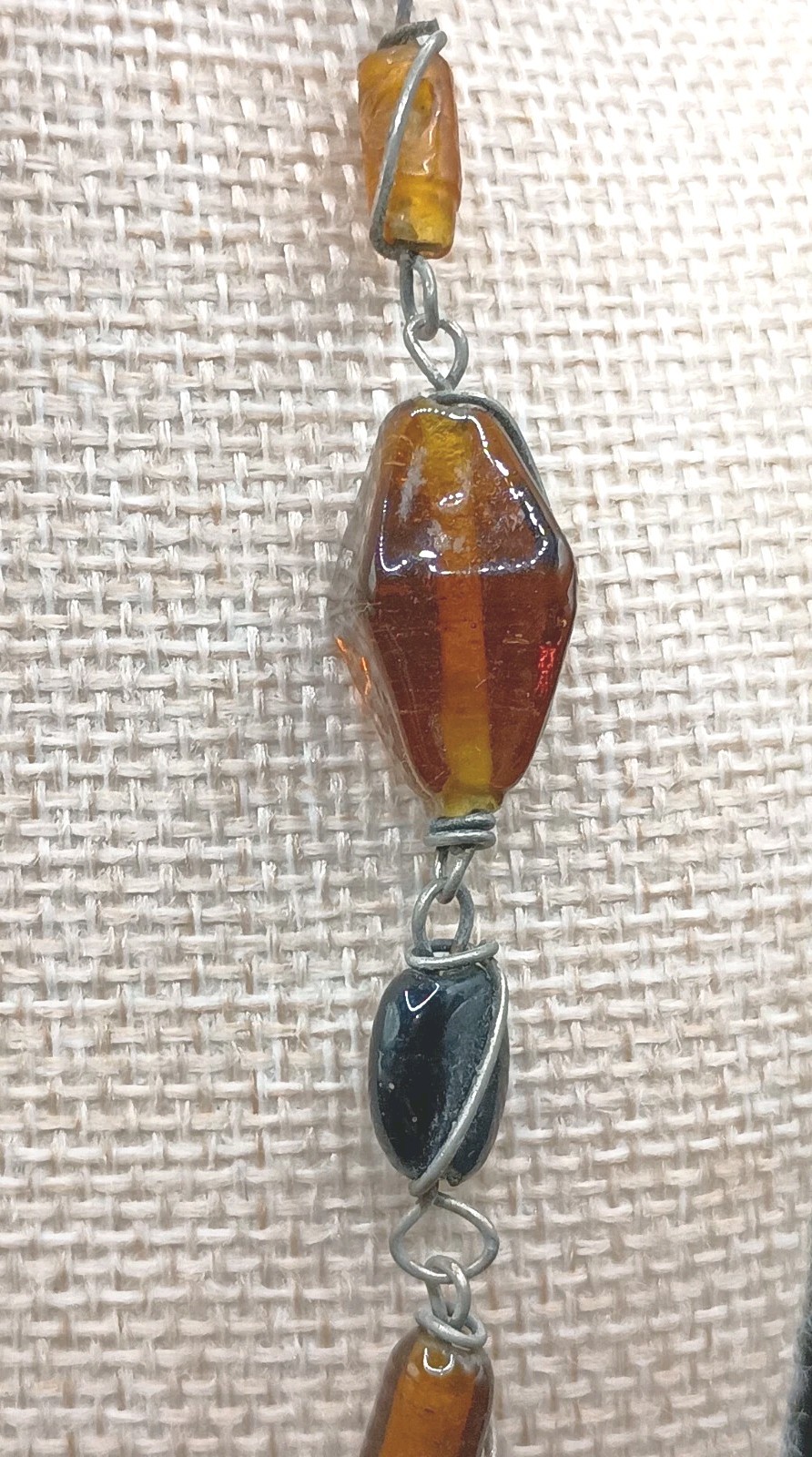 Antique Czech Glass Beaded Necklace Golden Brown Wire Wrapped Hand Made 30″