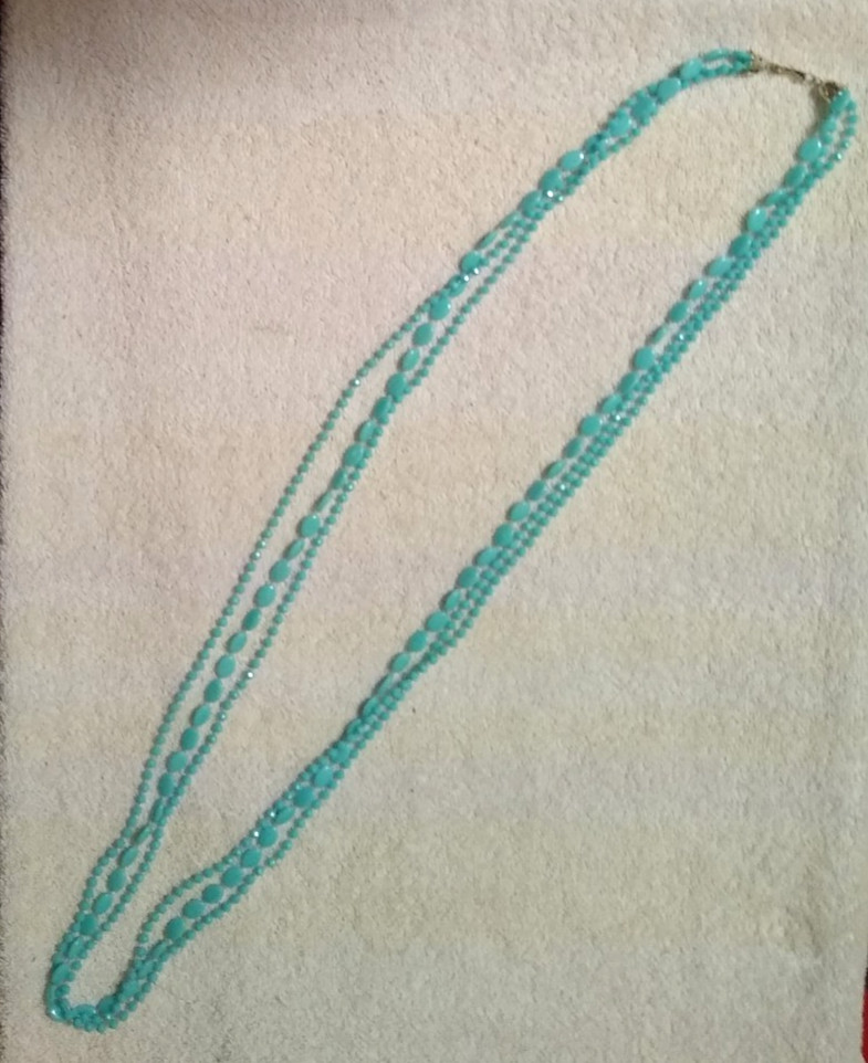 Vintage Hong Kong 3 Strand Turquoise Color Plastic Necklace 46″ Long