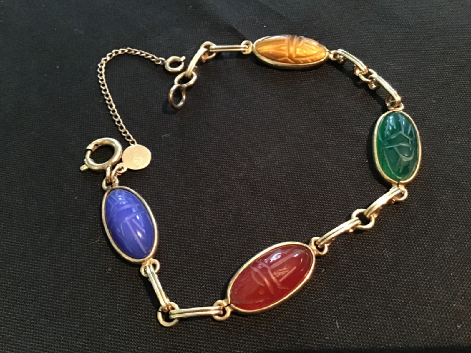 Vtg 12K Gold Scarab Bracelet Egyptian 7.5” Signed 1/20th 12K w 4 Real Stones