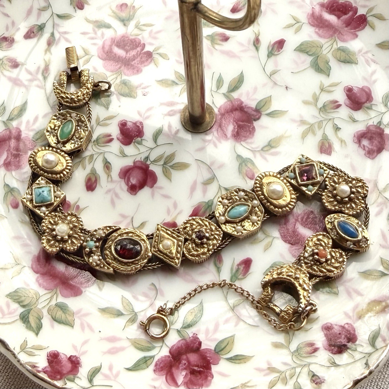 Vintage Goldette NY Victorian Revival Slide Charm Bracelet Safety Chain Signed