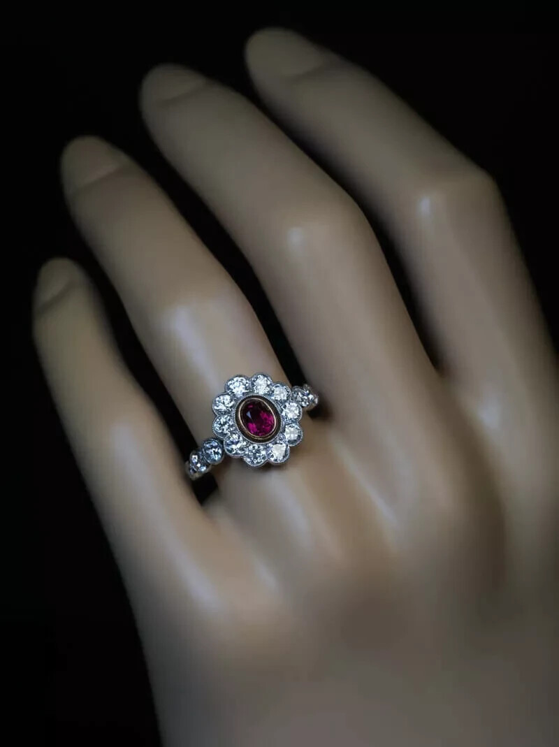 Vintage Art Deco Oval Ruby Lab Created Diamond 14K White Gold FN Engagement Ring