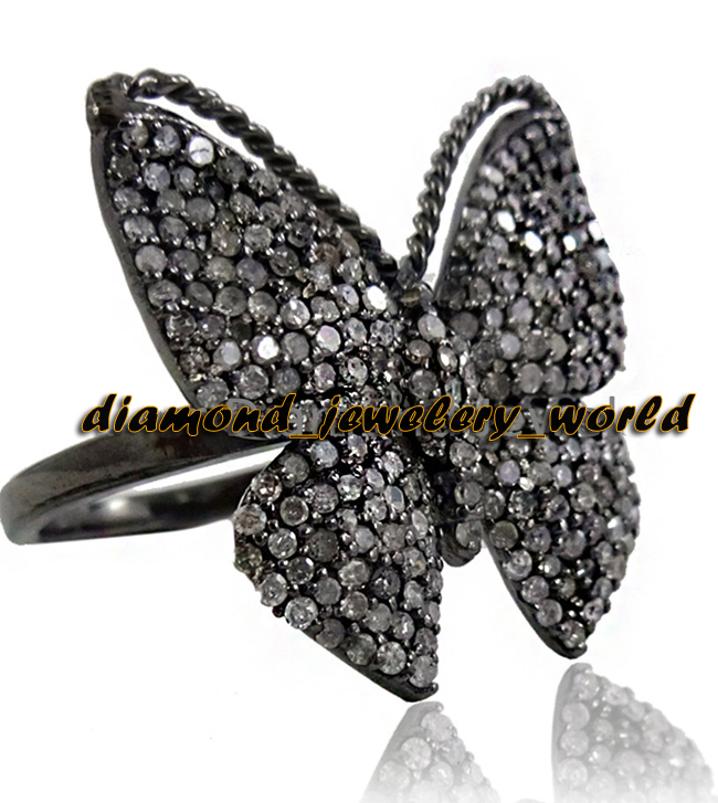 Victorian 2.76ct Genuine Old Mine Rose Cut Diamond Silver Butterfly Ring Jewelry