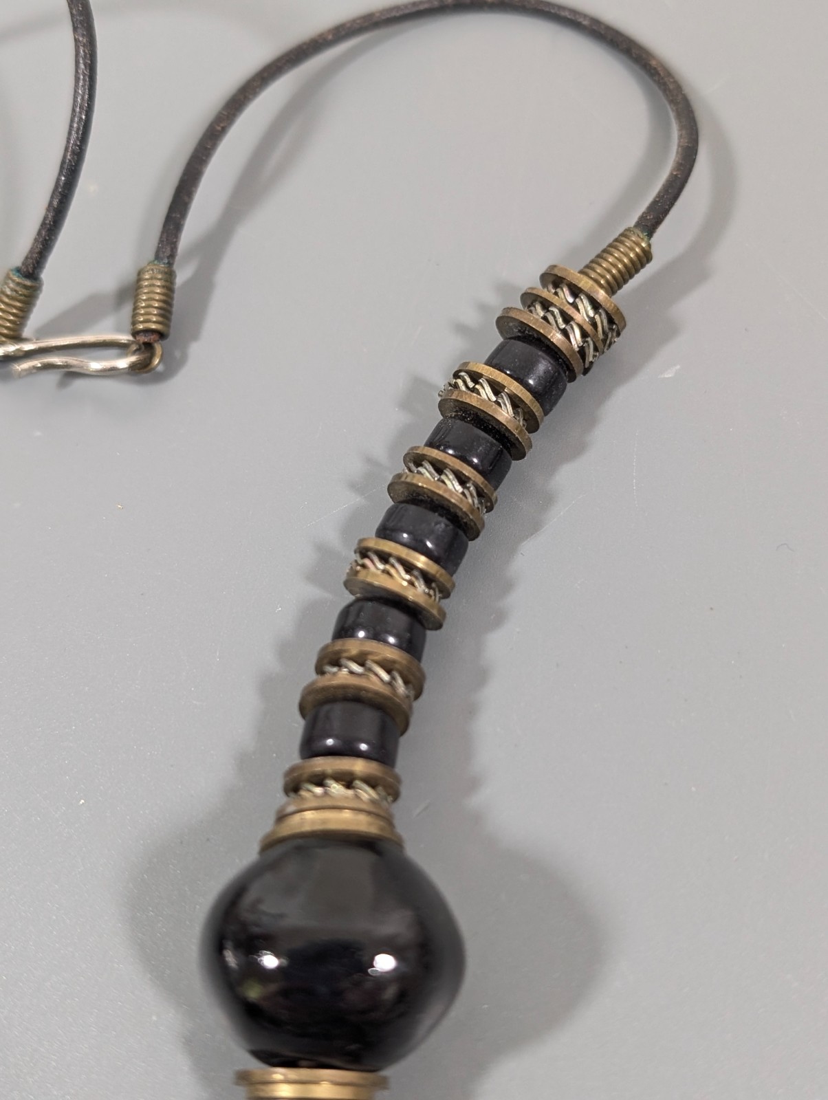 Vintage Black Ceramic Necklace Chunky Beads Bronze Tone Statement Tribal 25 in