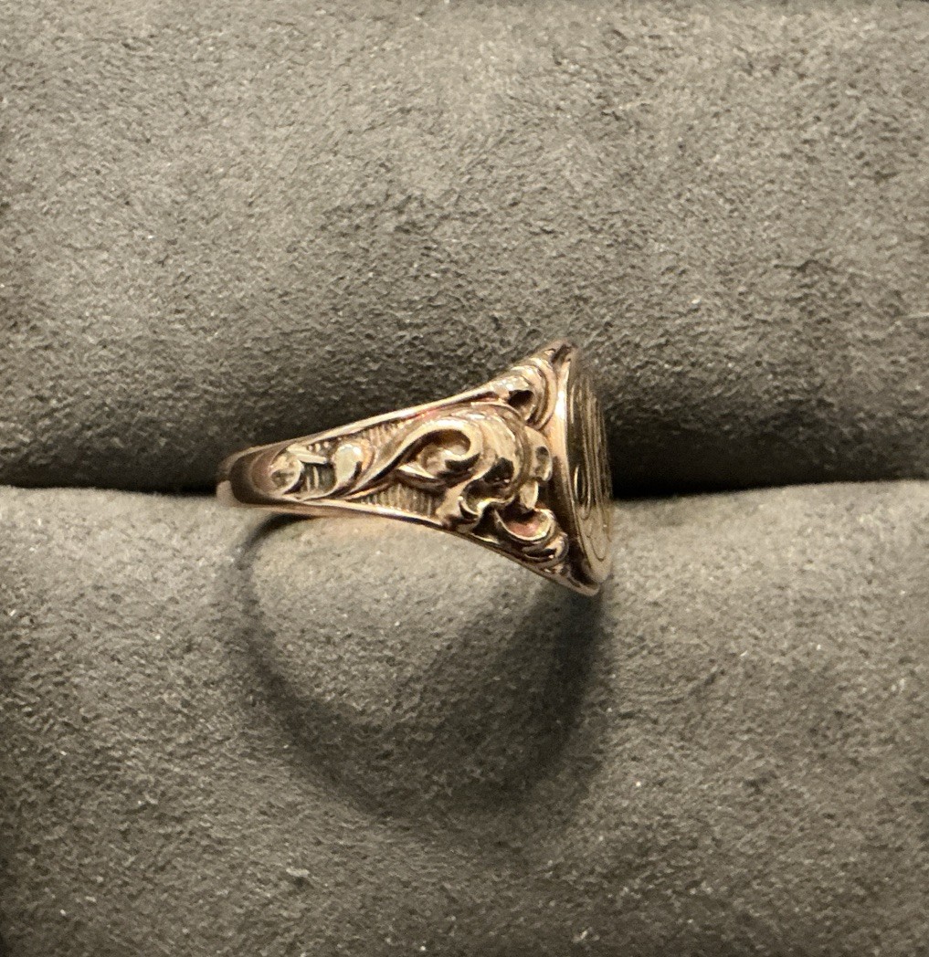 ANTIQUE ART NOUVEAU 14K Yellow Gold Oval Signet Ring Monogram GVB Size 7