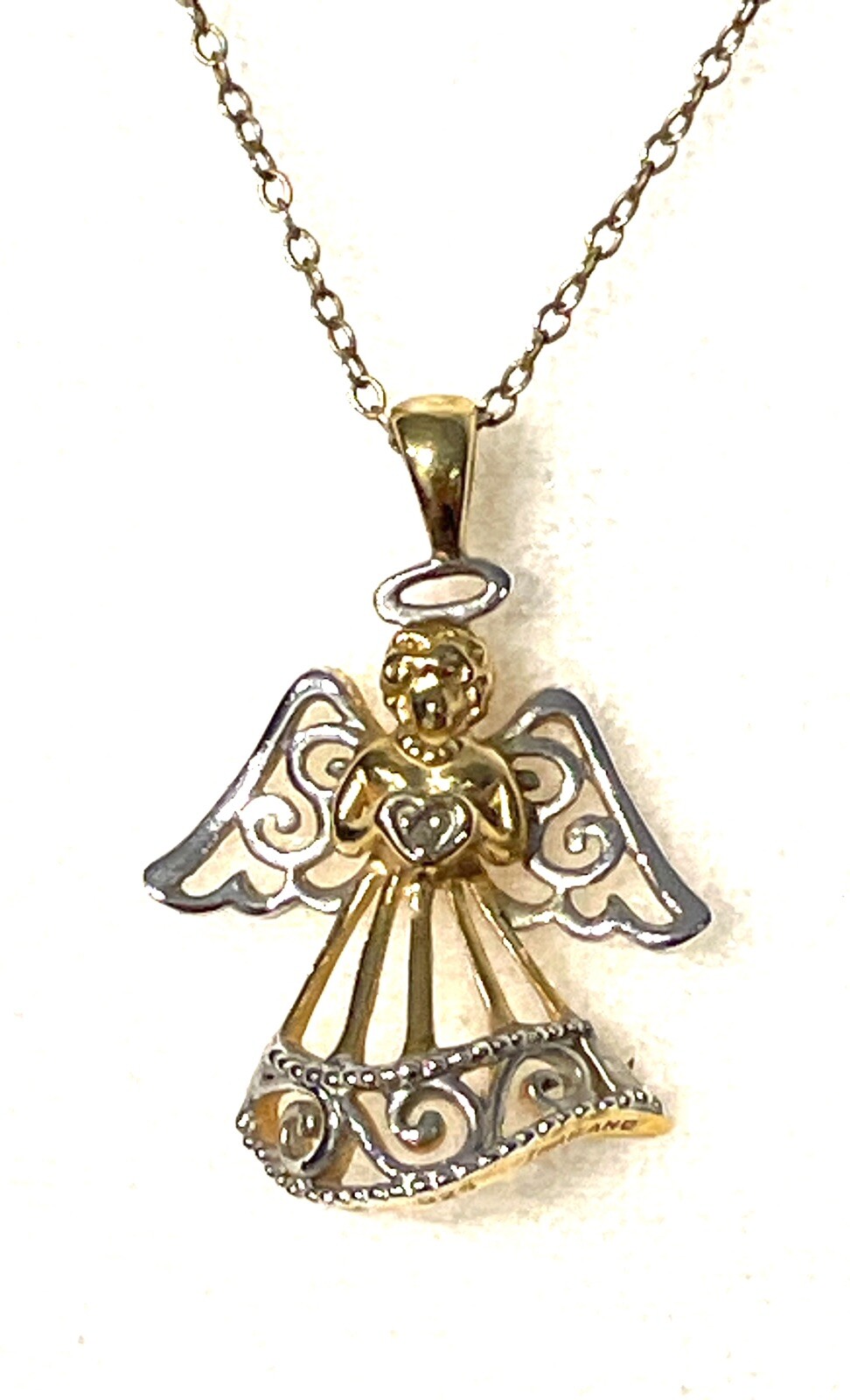 JCM Silver 925 Gold Two Tone Open Work Filigree Angel Pendant Necklace Vintage