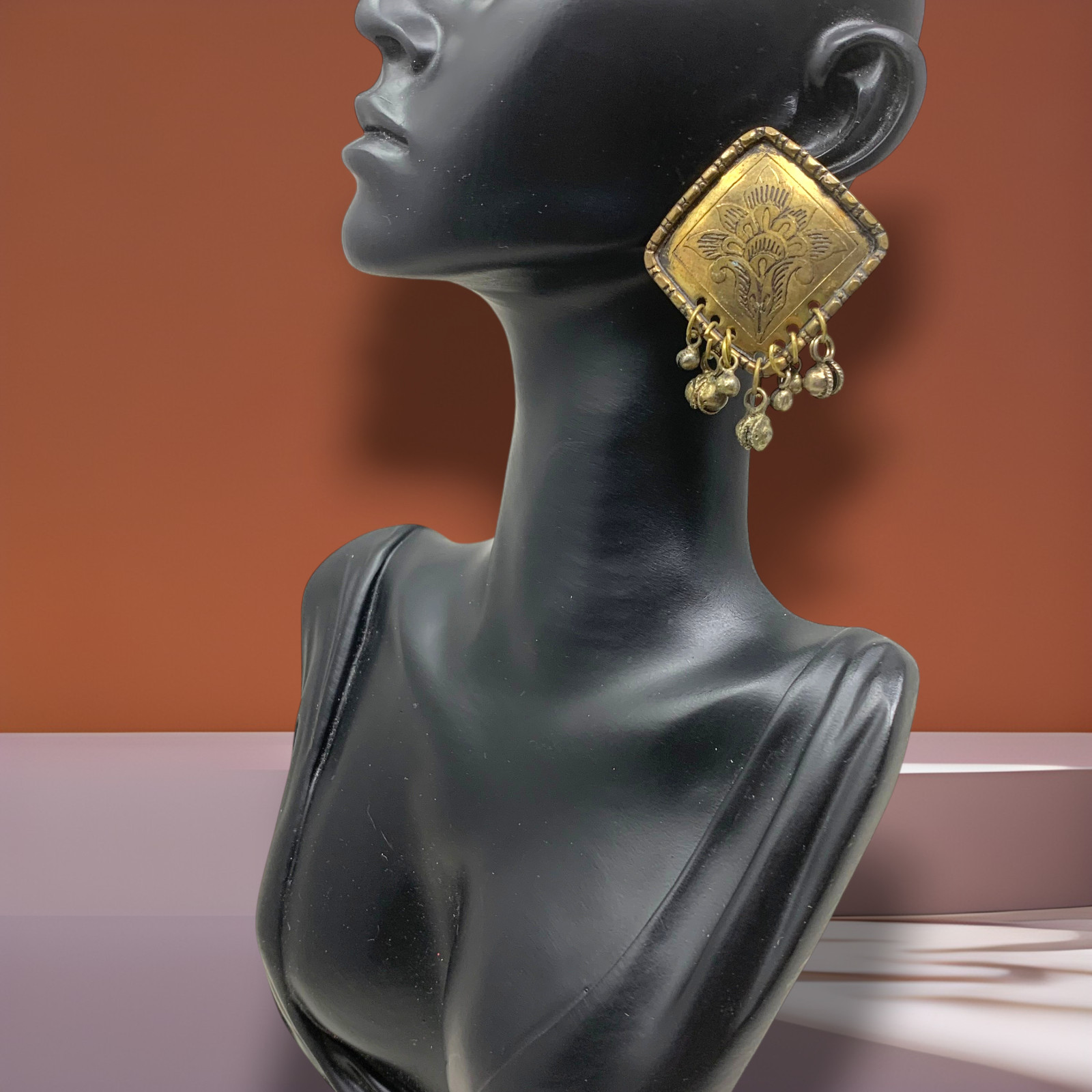 Vintage 1980’s Brass Etched Jhumka Dangle Bell Earrings Tribal Festival Indian