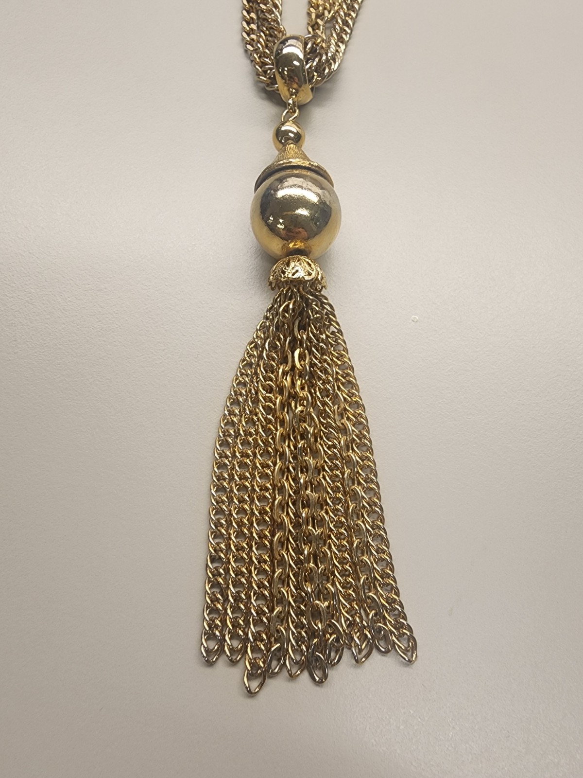 Vintage Gold Tone Chunky Statement Multi Strand Chain Necklace W/ Tassle