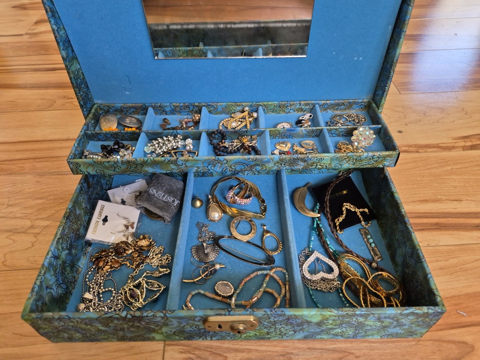 Vtg Jewelry Box With VTG- Now Costume Necklaces, Earings, Brooches, Pins, Etc.