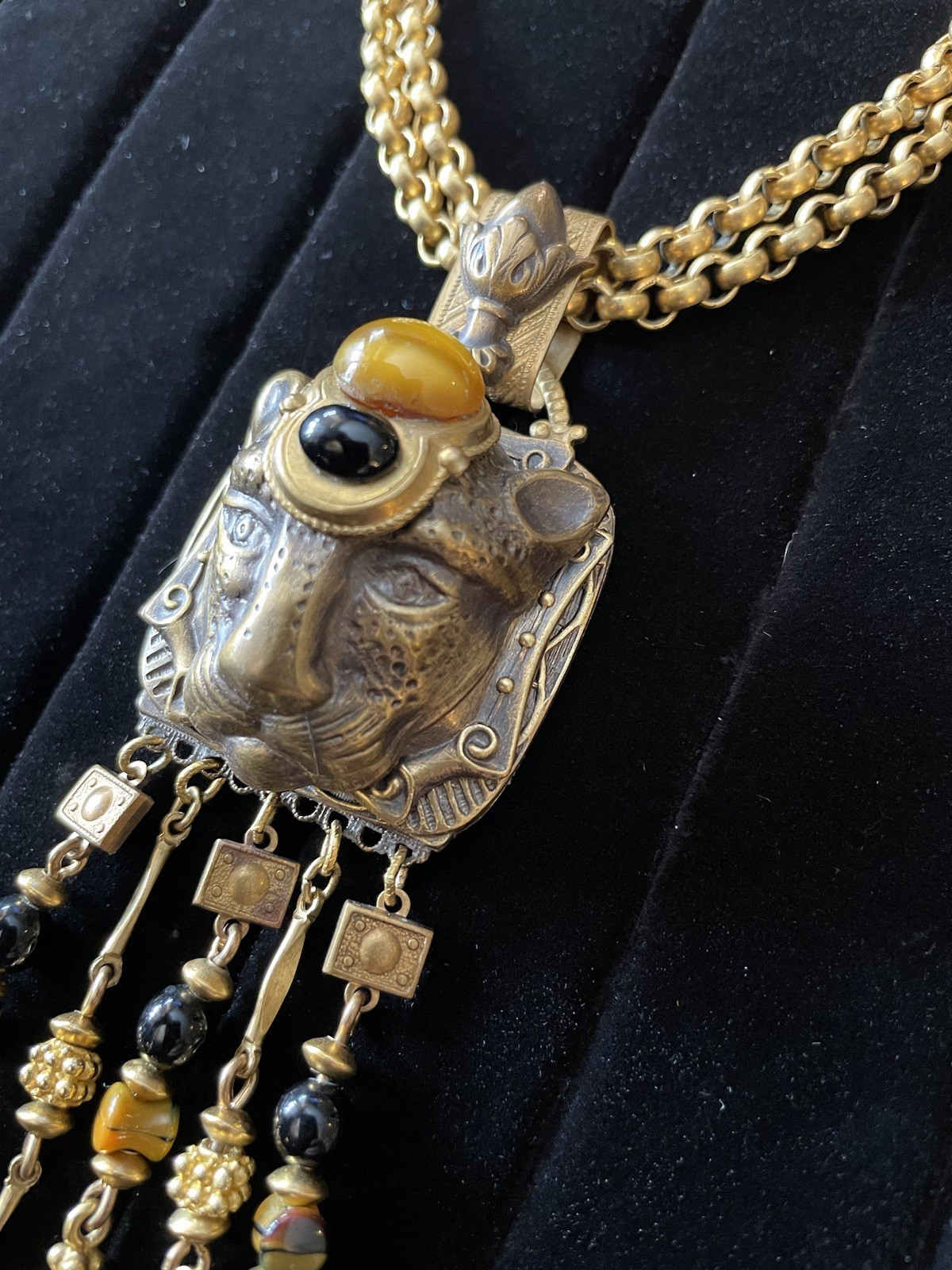 PATRICE VTG African Egyptian Revival Leopard Panther Pendant Necklace 16″