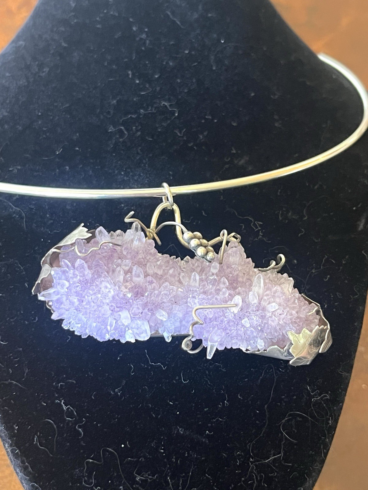 Vtg Arthur King Era MCM Brutalist Sterling Amethyst Druzy Statement Necklace